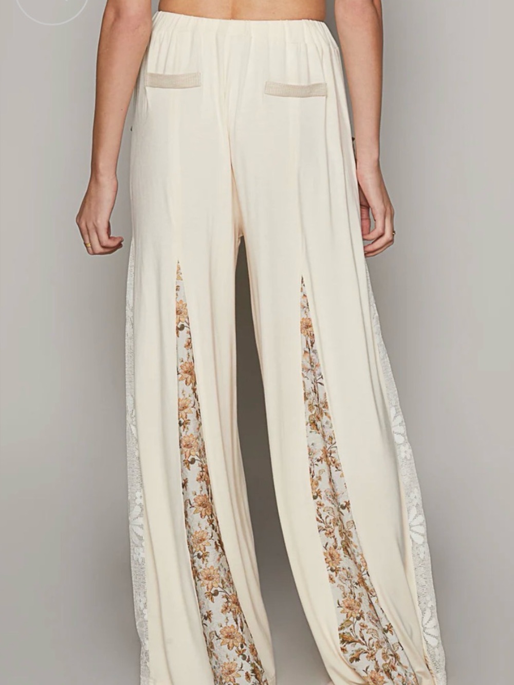 POL Size M Cream Lace Trim Boho Wide Leg Pants Elastic Waist Drawstring Bohemian - Picture 9 of 10